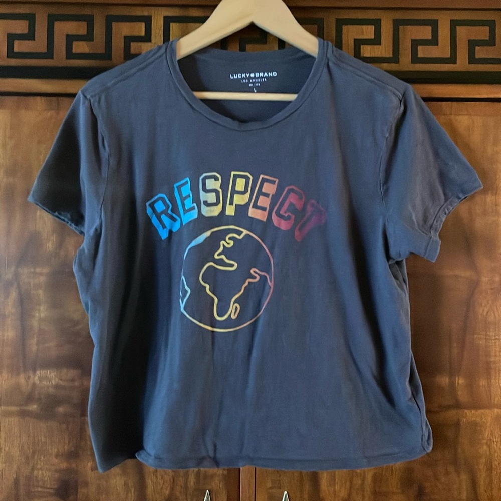 Lucky Brand Girls L RESPECT Globe Graphic Tee Blue Long Sleeve 100% Cotton Top